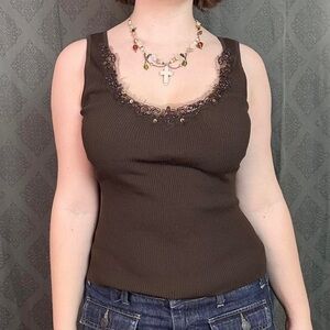 Brown fairycore lace tank top